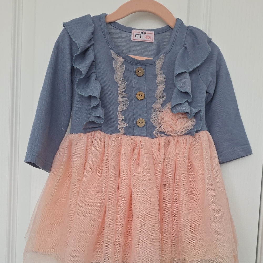 Adorable Ruffle Dress in Blue and Peach